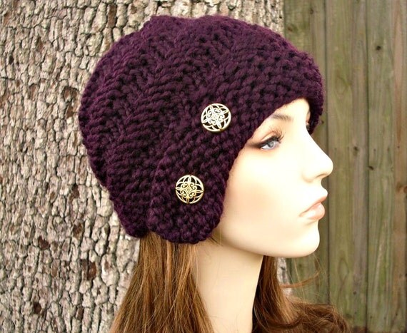 Hand Knit Hat Womens Hat - The Hybrid Swirl Cloche Hat in Purple Aubergine Eggplant