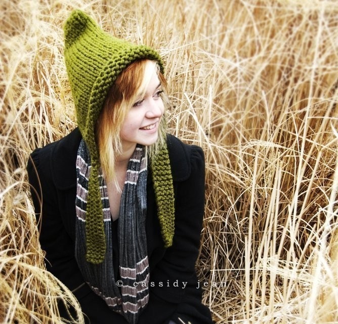 Hand Knit Hat Womens Hat - Pixie Hat in Olive Green - Knitted Hat