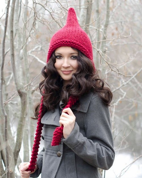 Hand Knit Hat Womens Hat - Pixie Hat in Red Cranberry