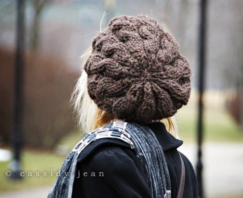 Hand Knit Hat Womens Hat - Cable Beret Hat in Wood Brown