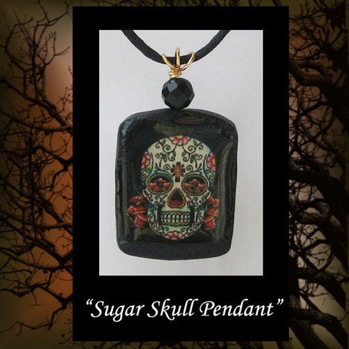 Sugar Skull Pendant MHA OGLD BHV AHQU Polymer Clay ART