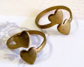Raw Brass Double Heart Adjustable Rings (4X) (J539-A)