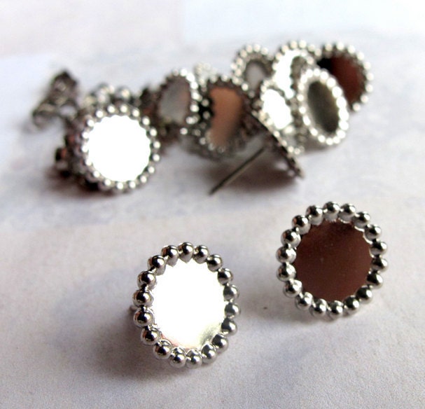 Rhodium Plated Cabochon Pad Stud Findings (6 Pairs) (F558)