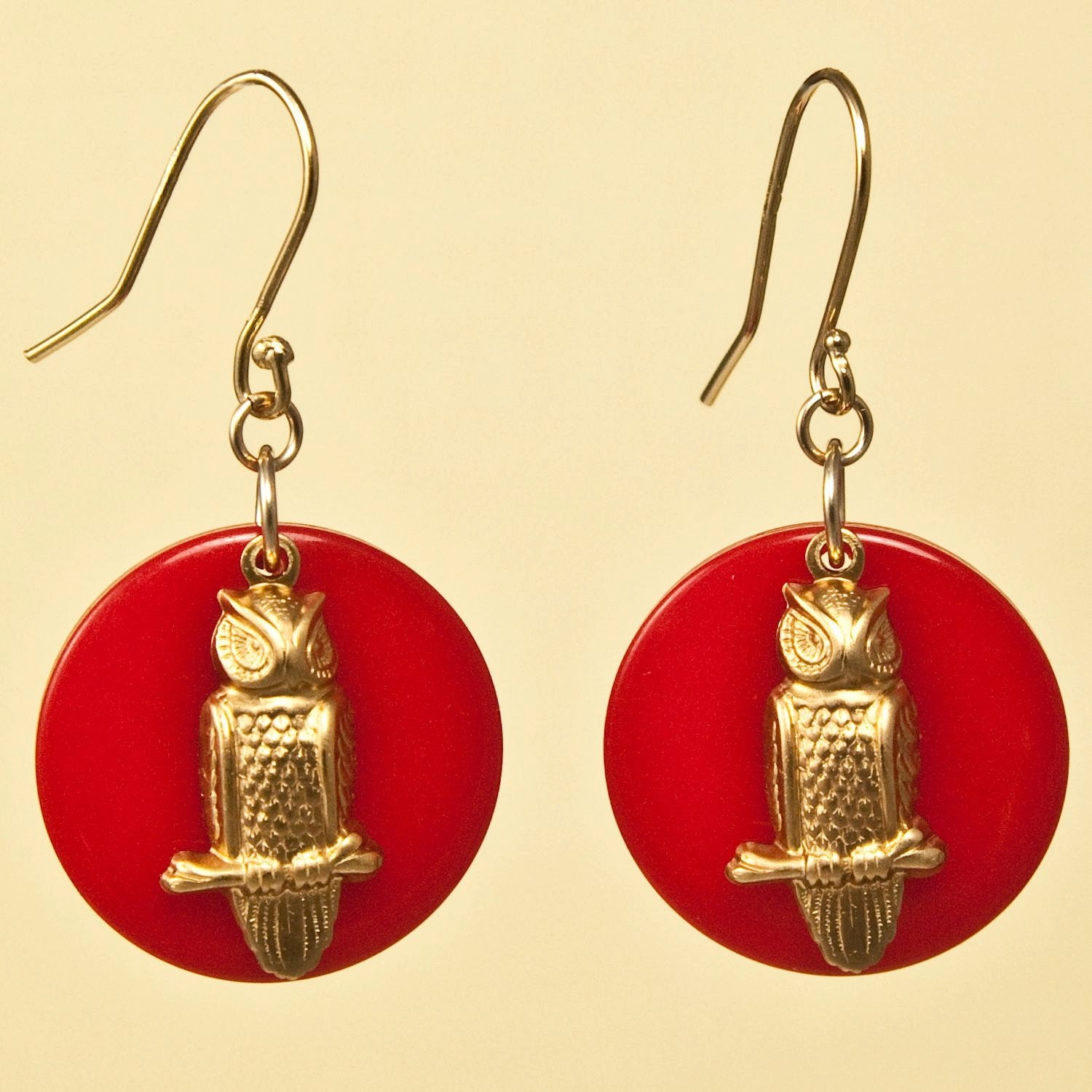 Vintage Owl Charm Earrings on Red Celluloid Disc