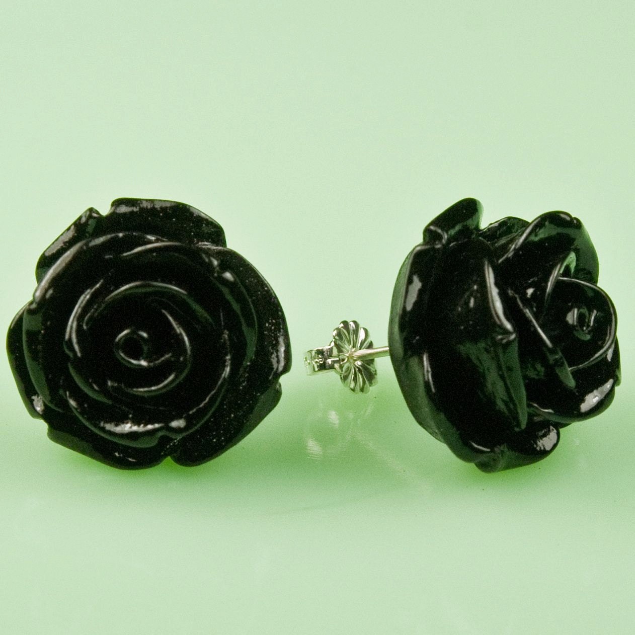 Large Black Vintage Rose Button Post Earrings