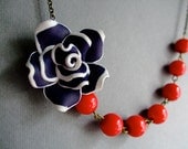 Bridesmaid Jewelry,Sailor Jewelry,Nautical Necklace,Flower Jewelry,Navy Blue Jewelry,Cherry Red Jewelry (Free matching earrings)