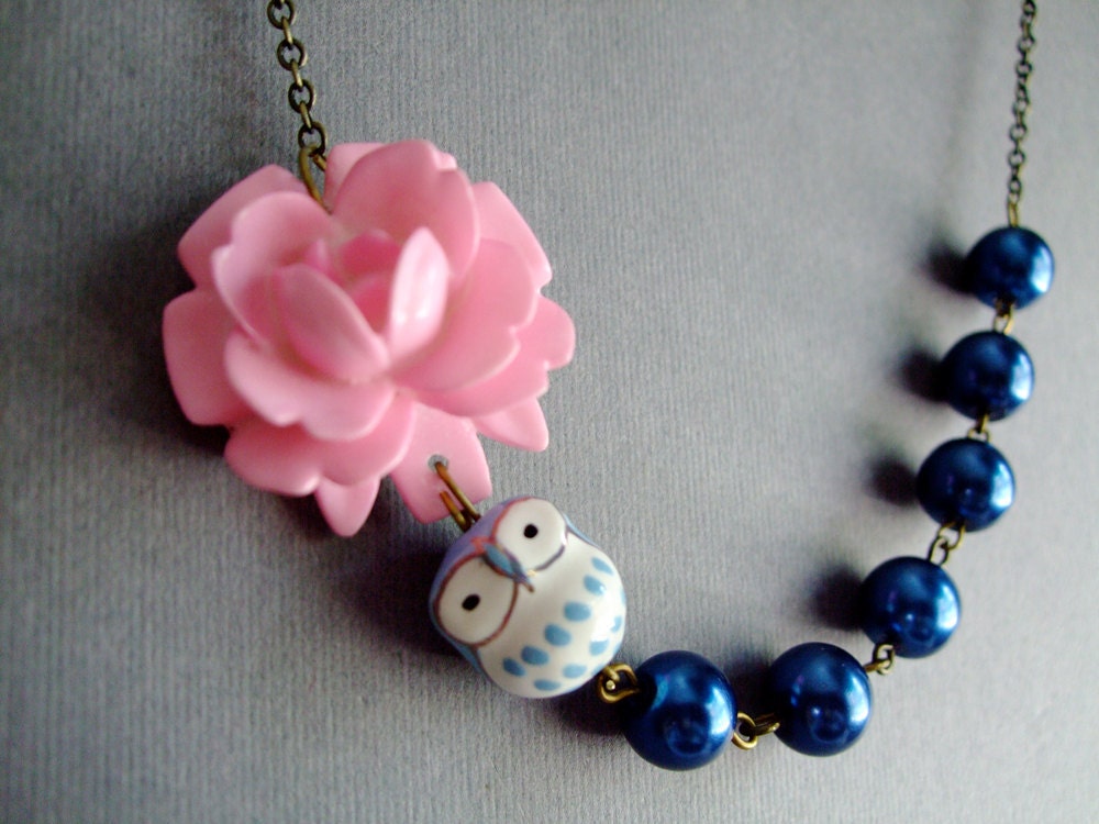 Owl Necklace,Owl Jewelry,Pink Jewelry Jewelry,Flower Necklace,Bridesmaid Necklace,Nautical Jewelry (Free matching earrings)