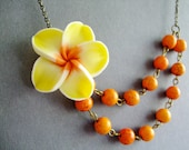 Wedding Jewelry,Flower Necklace,Orange Jewelry,Tropical Necklace,Bridesmaid Necklace,Yellow Jewelry (Free Matching Earrings)