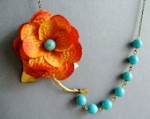 Fabric Flower Necklace,Orange Necklace,Bridesmaid Necklace,Stone Necklace,Turquoise Jewelry (Free matching earrings)