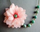 Wedding Jewelry,Fabric Necklace,Flower Necklace,Pink Jewelry,Bridesmaid Necklace,Stone Jewelry,Celadon Necklace (Free matching earrings)