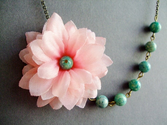 Wedding Jewelry,Fabric Necklace,Flower Necklace,Pink Jewelry,Bridesmaid Necklace,Stone Jewelry,Celadon Necklace (Free matching earrings)