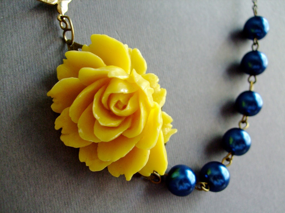 Statement Necklace,Nautical Jewelry,Navy Blue Necklace,Yellow Necklace,Bridesmaid Jewelry,Wedding Jewelry (Free matching earrings)