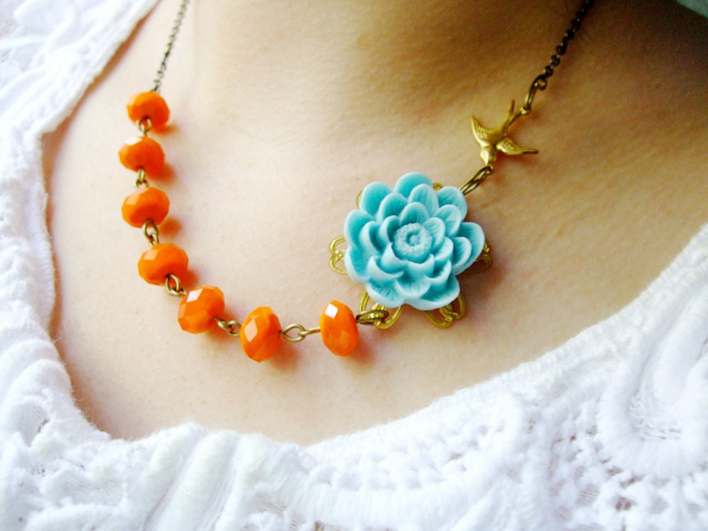 Flower Necklace,Tangerine Jewelry,Aqua Necklace,Bridesmaid Necklace,Wedding Jewelry (Free Matching Earrings)