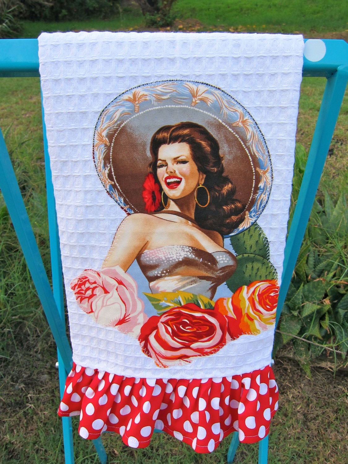 Las SENORITAS Ruffled Mexican Kitchen TOWELS SET of Three Custom