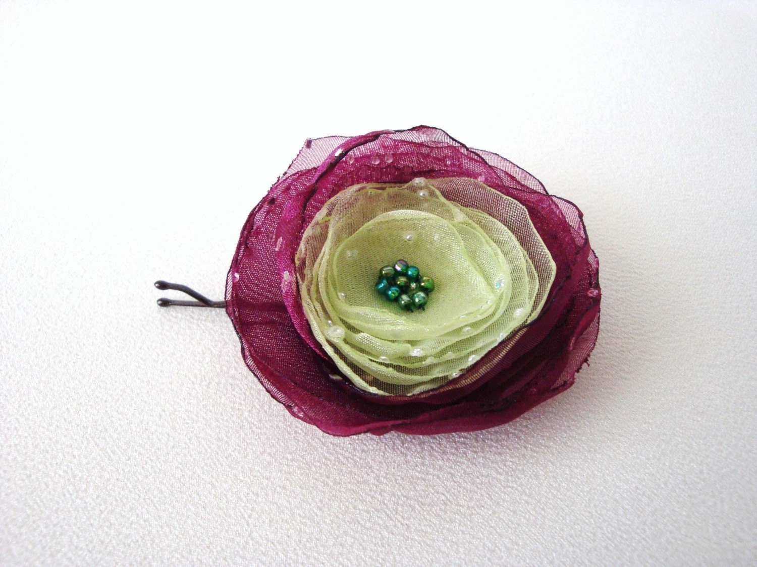 Burgundy and Green Blossom Organza Hair Pin or Brooch