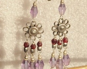 Faceted Amethyst & Garnet Bead Earrings with Rajasthani Coin Silver Floral Pendant (Sterling Silver)
