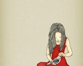Girl and bird illustration drawing art print wall decor - In Safe Hands ( red )