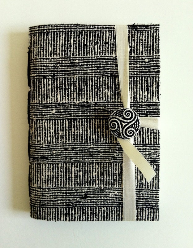 Journal Diary, journal notebook, Black White, fabric cover, hand bound, Lined paper, travel journal, for writing, memories book