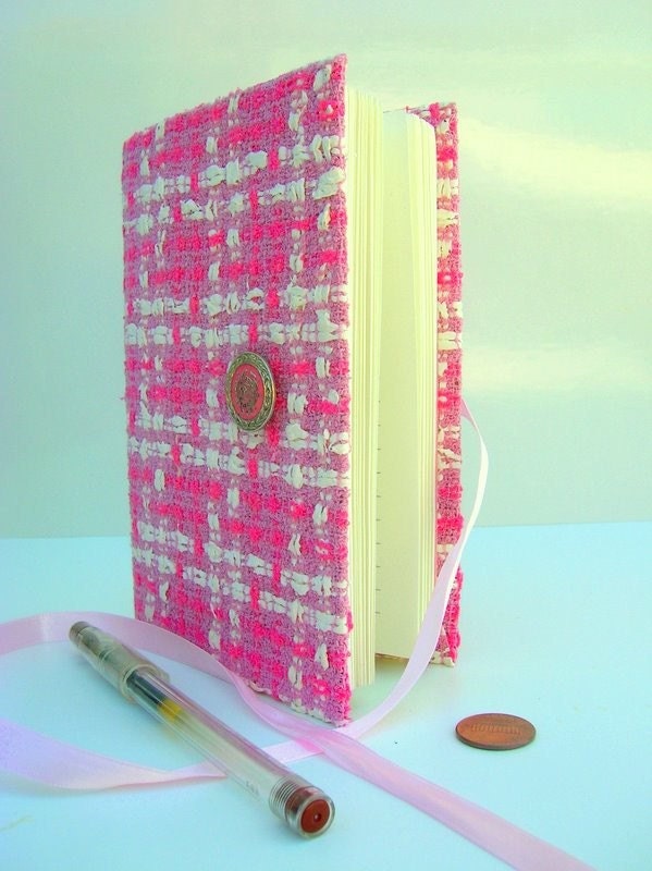 Pink tweed journal, Fabric notebook designed with chic fabric and lined paper, opens with silver button and a light pink ribbon, Parisian