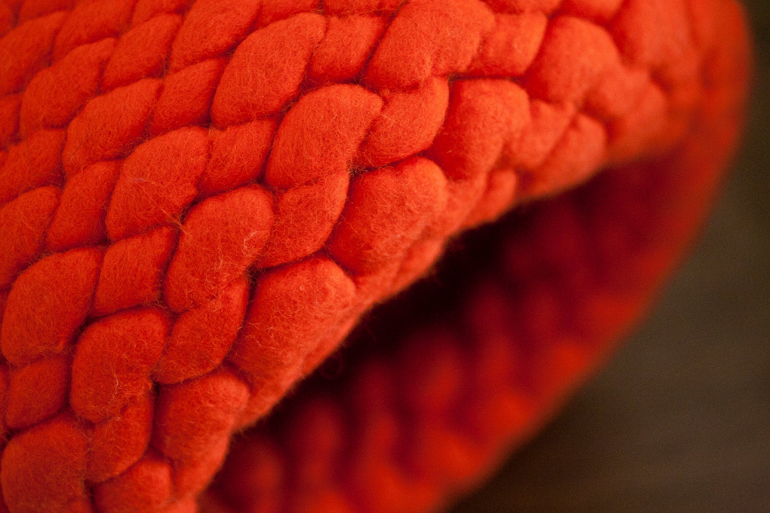 Wool felt knit pod vessel in bright orange and natural gray brown