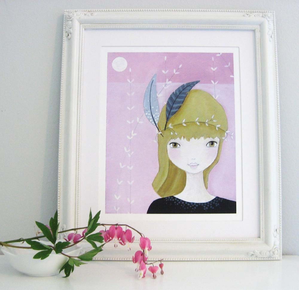 Feathers Pink Gray Moon Print