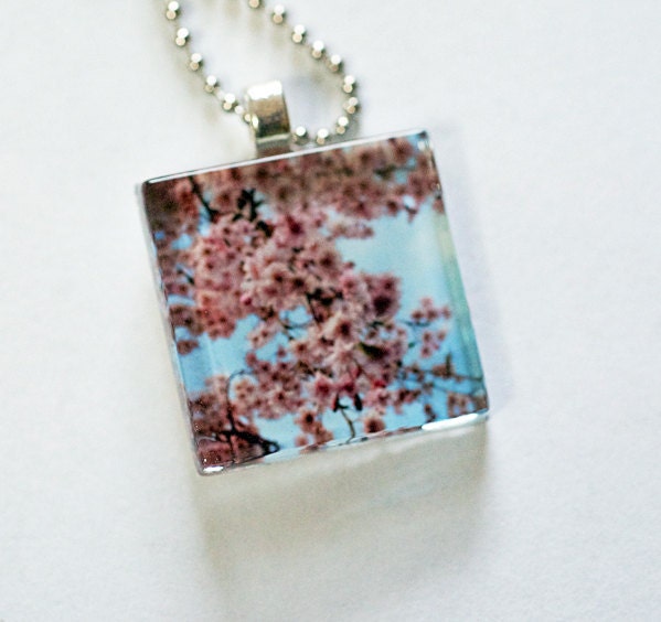 Pink flower, Glass Tile necklace with 29 inch mini ball chain