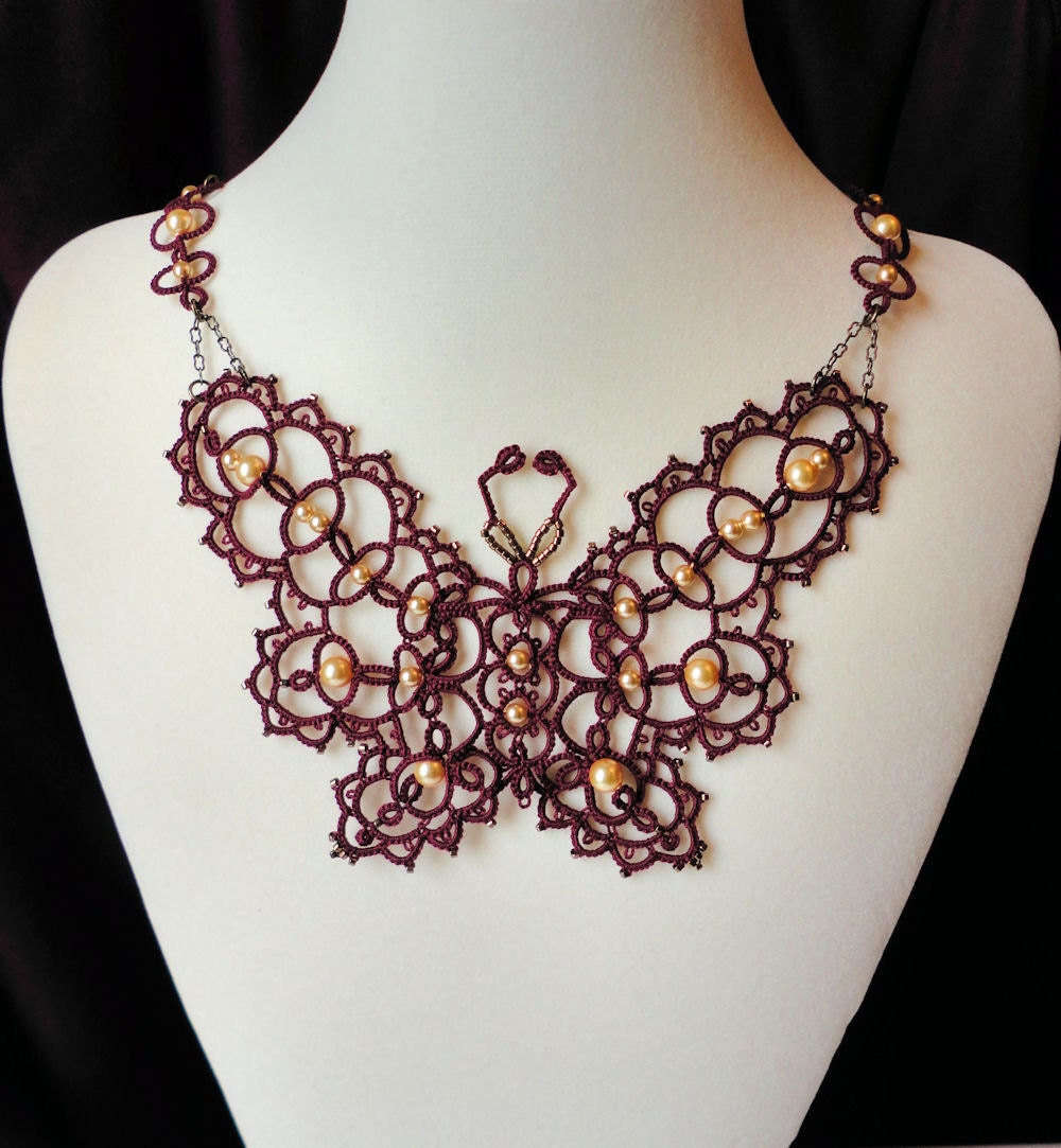 Burgundy butterfly necklace in beaded tatting