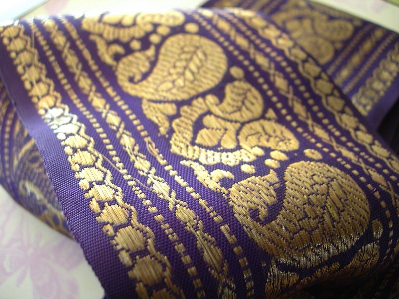 Vintage SILK Sari Trim PURPLE and GOLD Brocade India 1 yard 3-3/4 inches wide