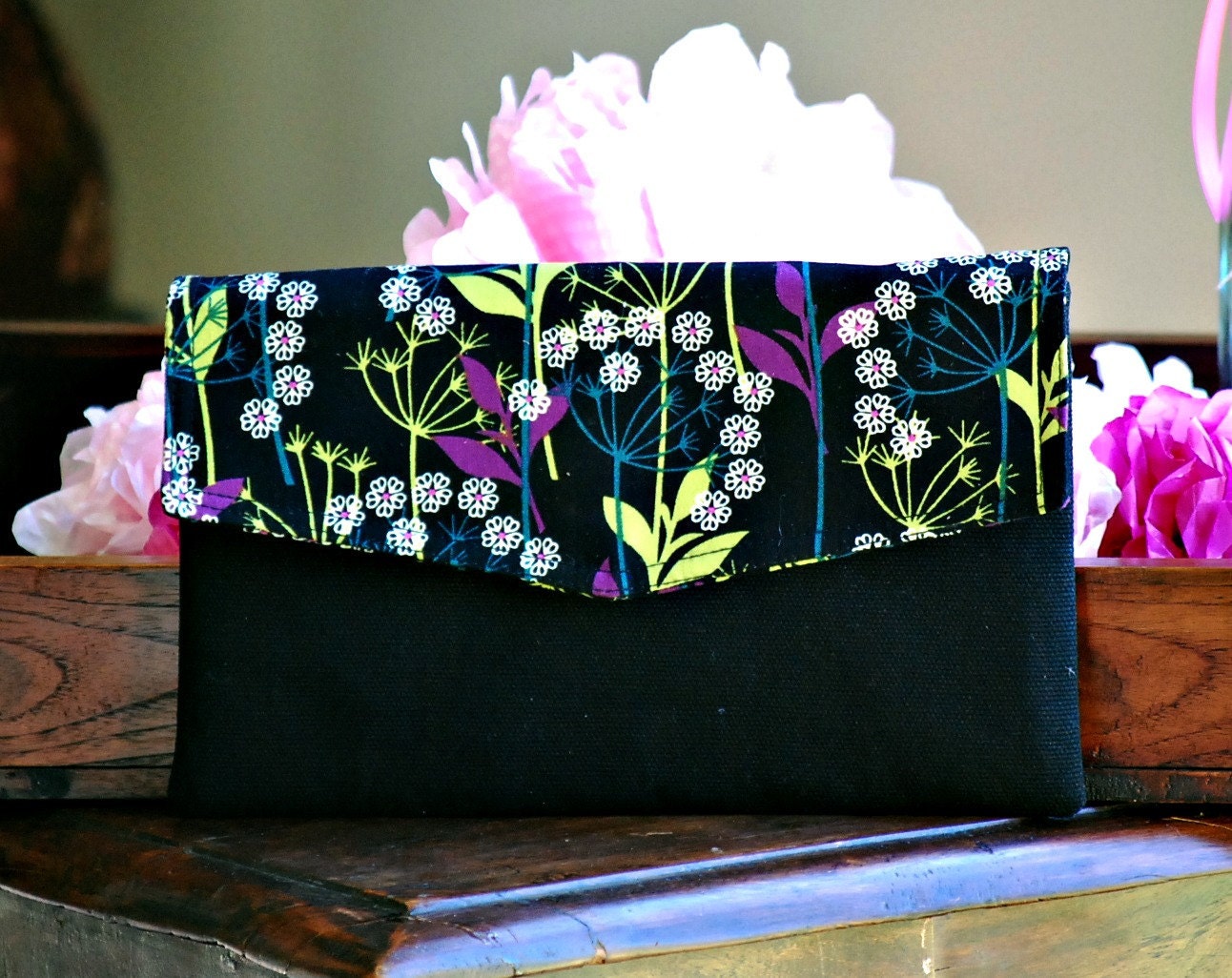 Envelope Clutch - Leaves Design in Black Cotton Canvas Background SALE WAS 36 NOW 30
