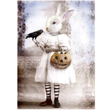 Halloween Art. Girl Bunny Rabbit. Raven Crow Pumpkin Jack O Lantern. Anthropomorphic Vintage Style Art 5 x 7 in. The Decorated House