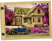 Digital Download Photograph Vintage Victorian  Green House Purple Flowers Blue Car Commercial Use Digital Collage Sheet