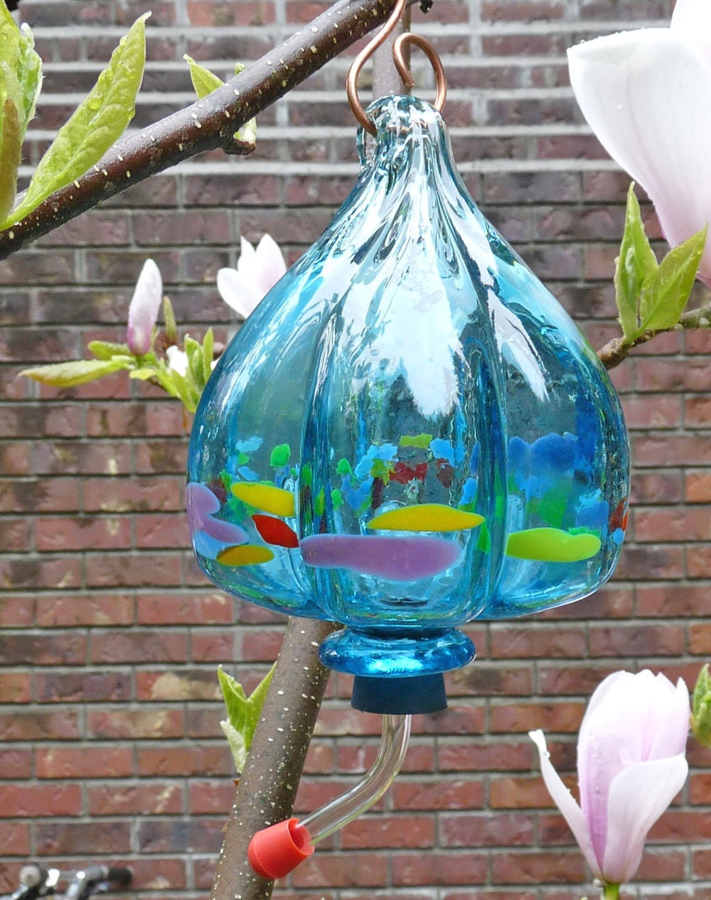 Beautiful Hummingbird Feeder - Turquoise Blown Glass