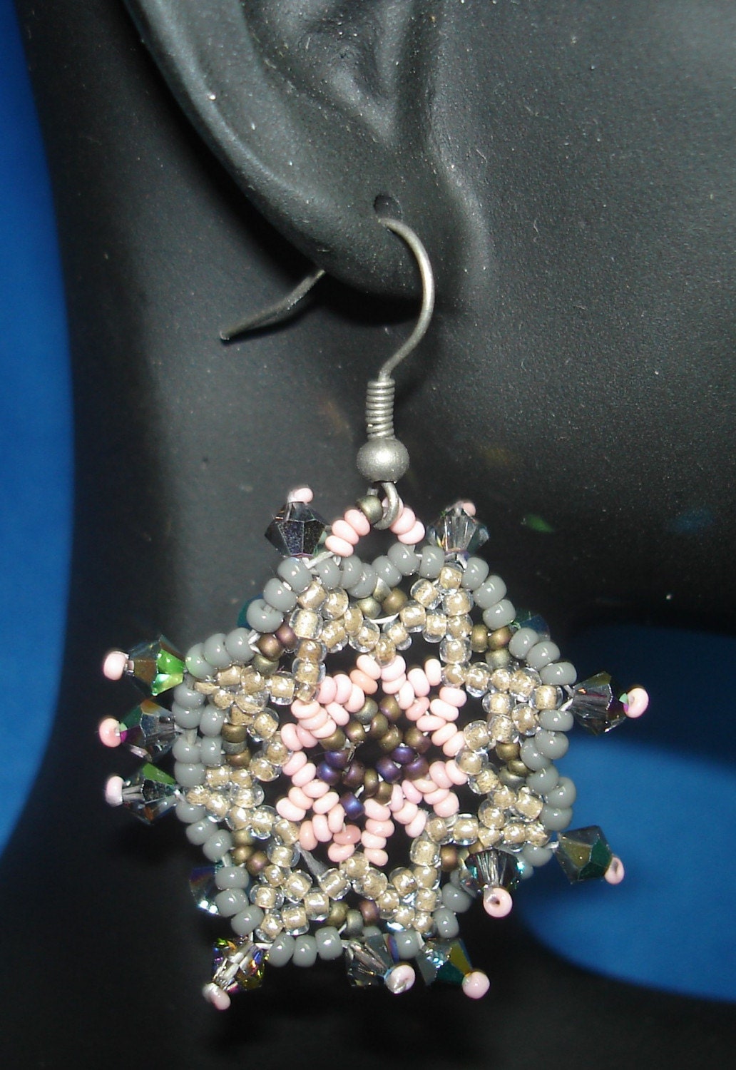 Frilly Pink and Grey Snowflake Earrings