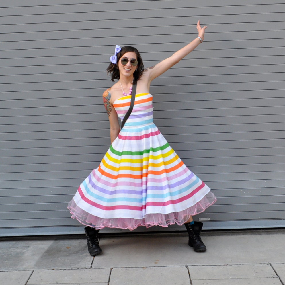 Rainbow Stripe Strapless "Prism" Dress--------------customizable colors in 100% Organic Cotton Sateen