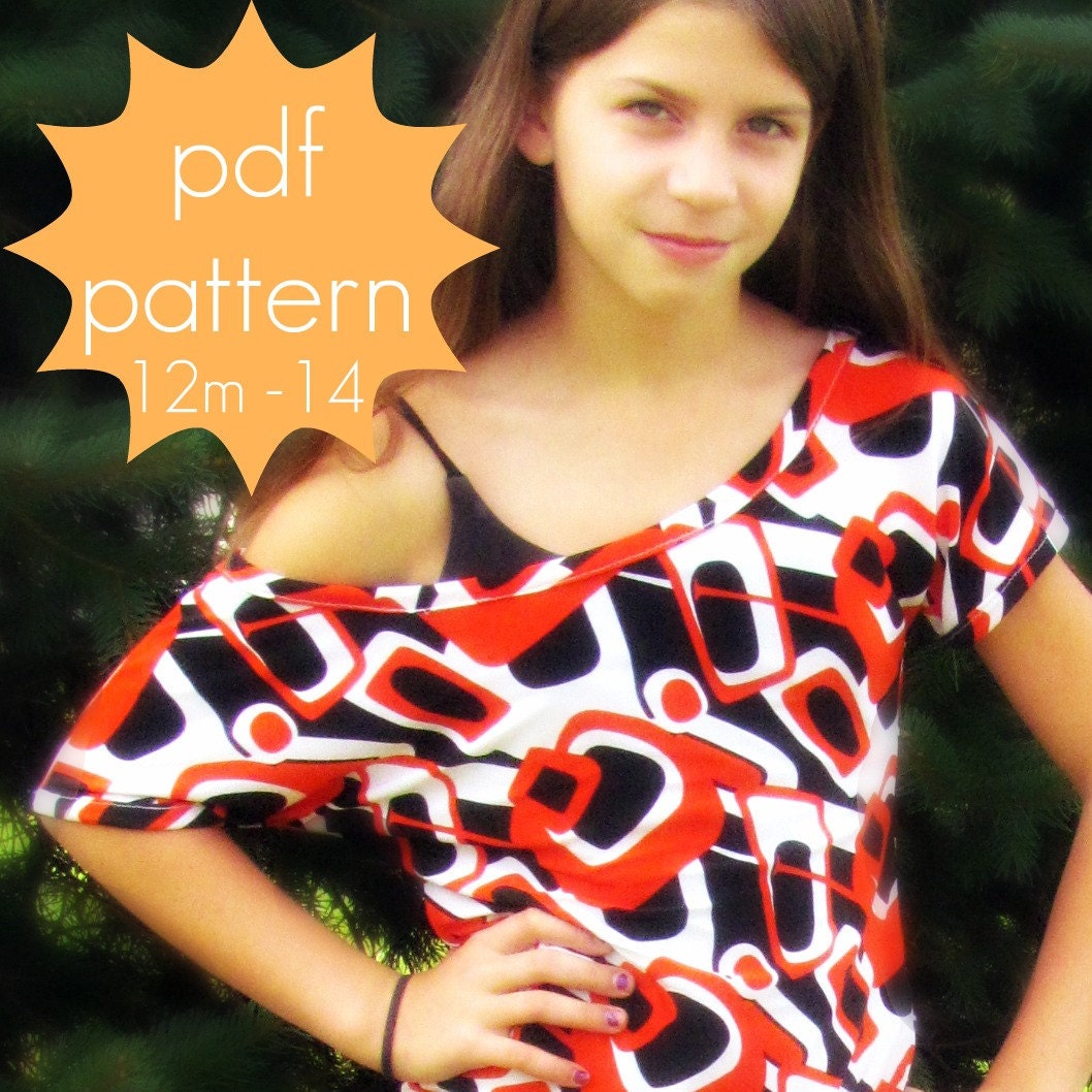 Trendy Tee - INSTANT download - off the shoulder - PDF Sewing Pattern -12m - 14 and doll/preemie