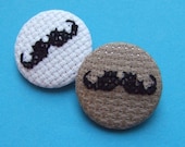 SALE Cross-stitch Moustache Button Badge Available in Cookie Brown or White