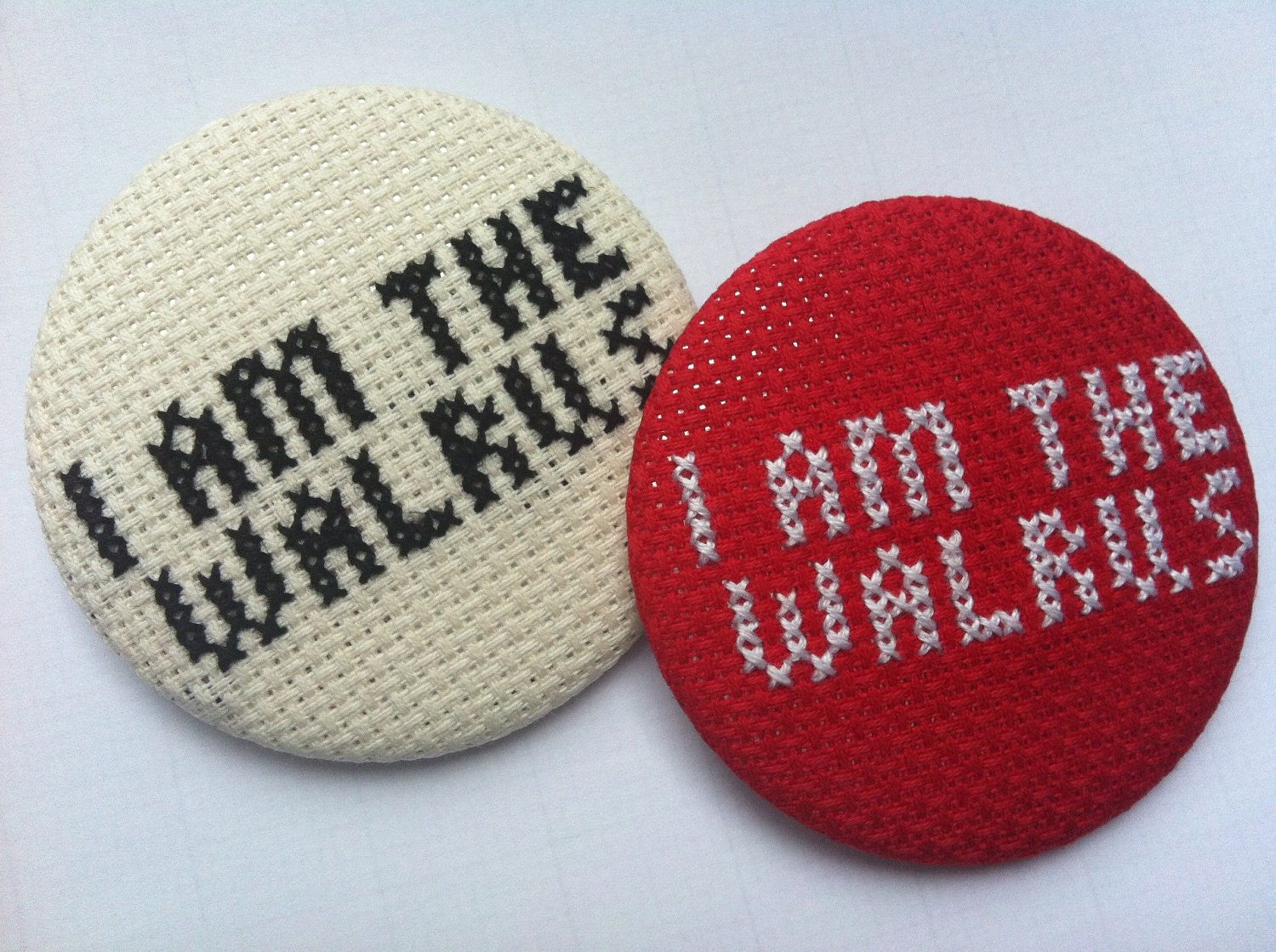 Oversized Statement I Am The Walrus Button Badge - Hand Sewn in Cross Stitch - The Beatles