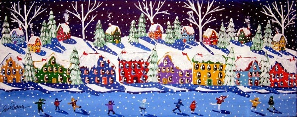 Winter Folk Art Ice Skaters Houses Snow Fun Folk Art Whimsical Original Art Painting