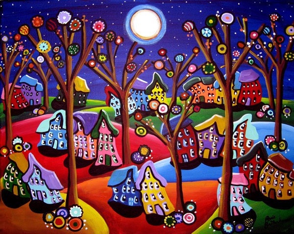 Fun Colorful Trees Houses Moon Whimsical Folk Art Original Painting