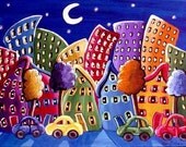 Fun Funky City Neighborhood Cityscape Colorful Whimsical Folk Art Original Painting