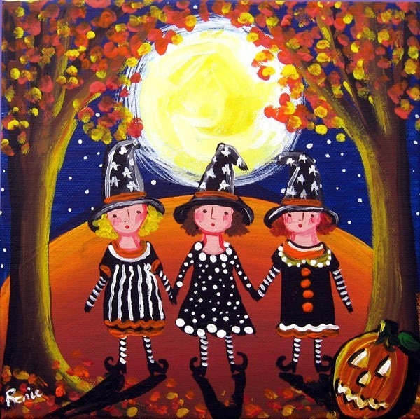 3 Little Witches Halloween Full Moon Folk Art Original Painting