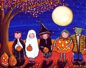 Trick or Treaters Kids Halloween Whimsical Fall Fun Folk Art Painting