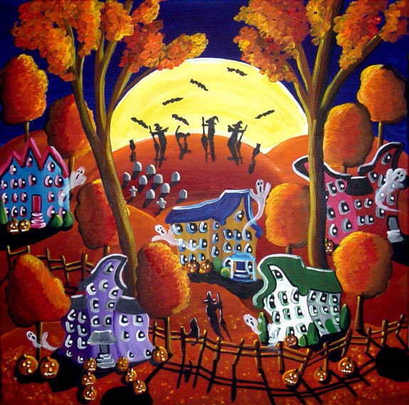 Spooky Halloween Night Trick or Treat Fun Fall  Folk Art Original Painting