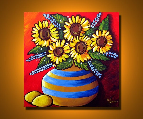 Whimsical Sunflowers Lemons Summer Floral Fun Folk Art Original Painting