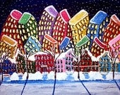 City Neighborhood Winter Cityscape Whimsical Colorful Original Folk Art Painting