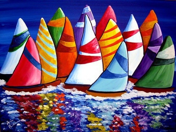 Colorful Sailboats Whimsical Folk Art Painting