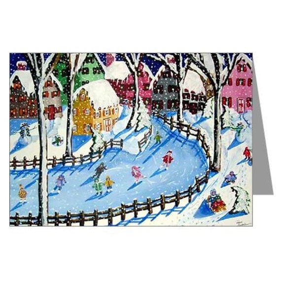 Winter Holiday Ice Skate Snowmen Whimsical Fun Folk Art Greeting Cards Pk of 10