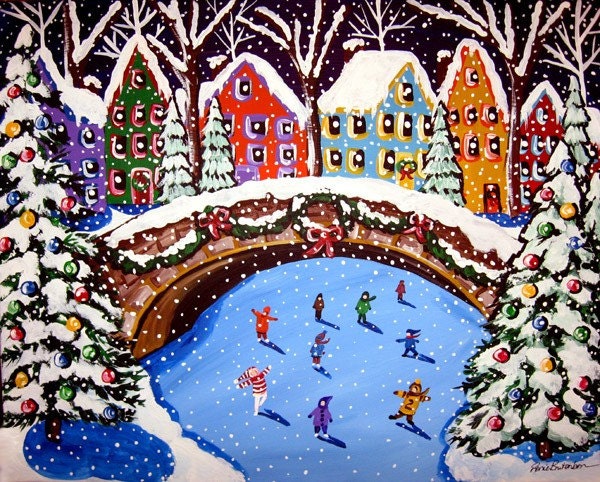 Kids Ice Skate Holidays Christmas Winter Whimsical Folk Art Painting