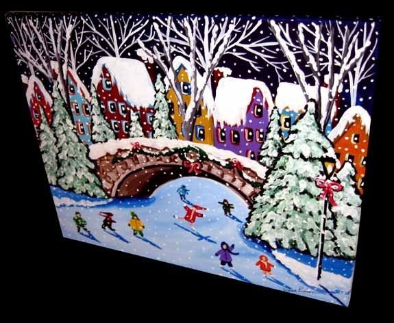 Ice Skating Kids Winter Fun Holiday Snow Folk Art Painting