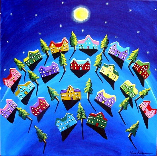 Peace On Earth Blue Landscape Houses Whimsical Original Folk Art Painting